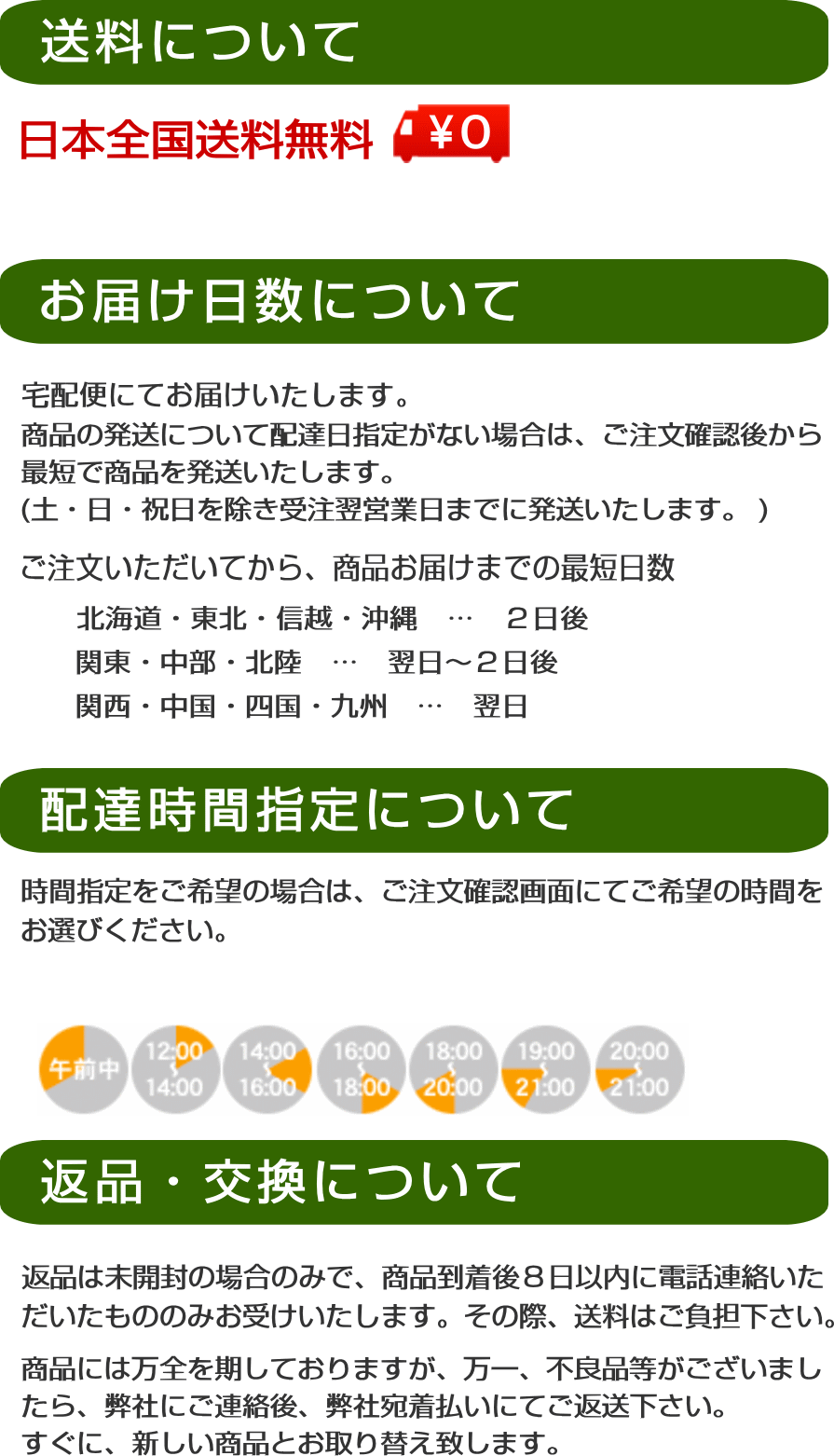 お届け日数や配達時間、返品について