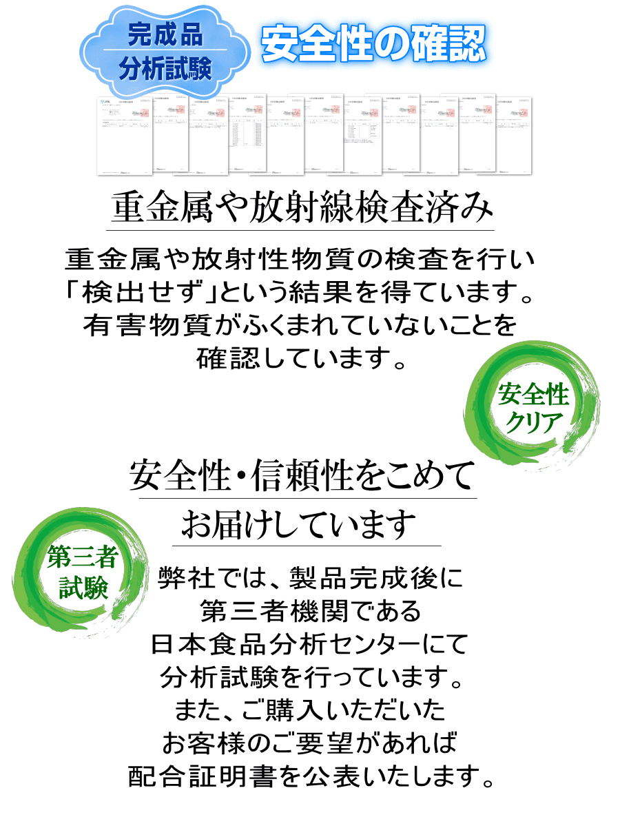 重金属や放射線の検査もし安全性確保