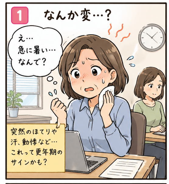 突然のほてりや汗、動悸など、これって更年期のサインかも？と書かれた漫画の１コマ目