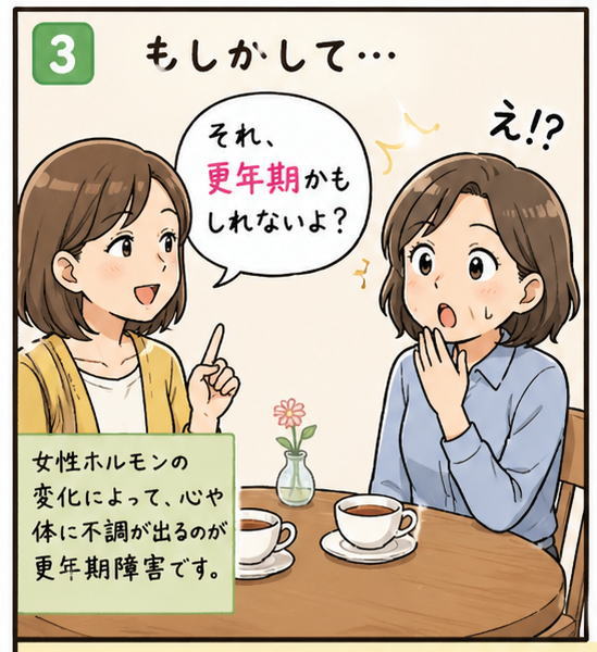 もしかしてそれ、更年期化もしれないよ、と友人から言われて驚く女性のイラスト。漫画の３コマ目