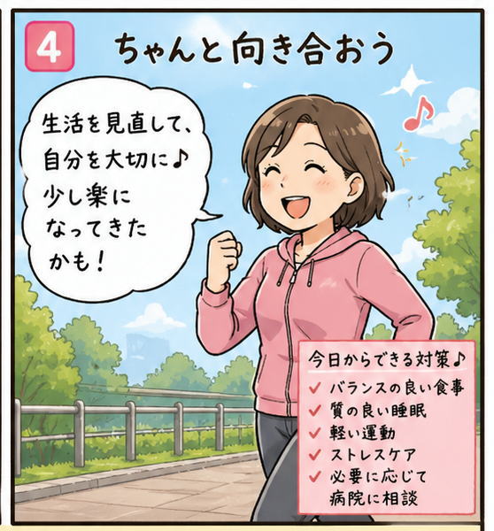 生活を見直して、自分を大切に。バランスの良い食事や軽い運動、必要に応じて病院に相談、と書かれた４コマ目