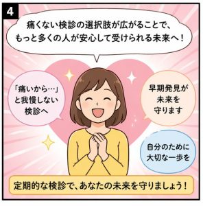 痛みの少ない乳がん検診で安心して受診し早期発見につながる未来を表現したイラスト