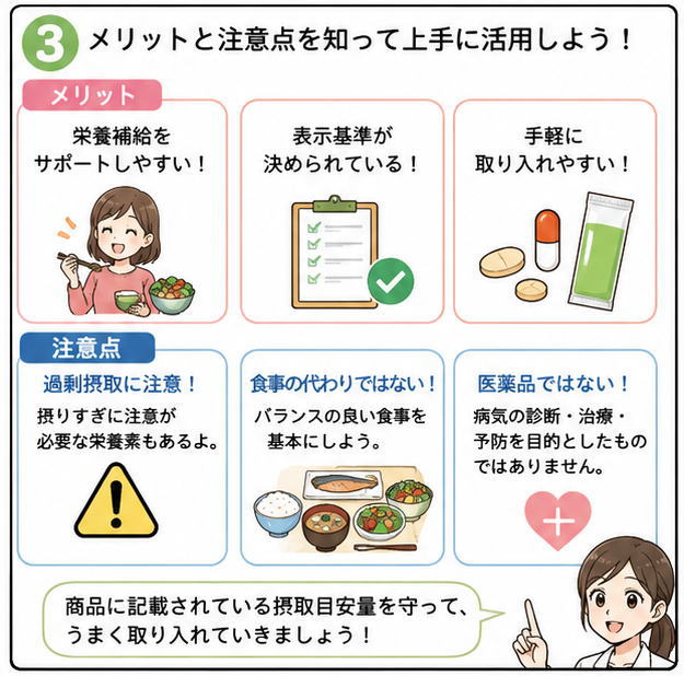 メリットと注意点を書いたイラストと「商品に記載されている摂取目安量を守って、うまく取り入れていきましょう」と話す女性のイラスト
