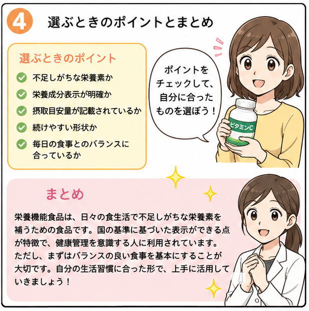 選ぶ時のポイントとまとめが書かれており、「ポイントをチェックして自分に合ったものを選ぼう！」と話す女性のイラスト