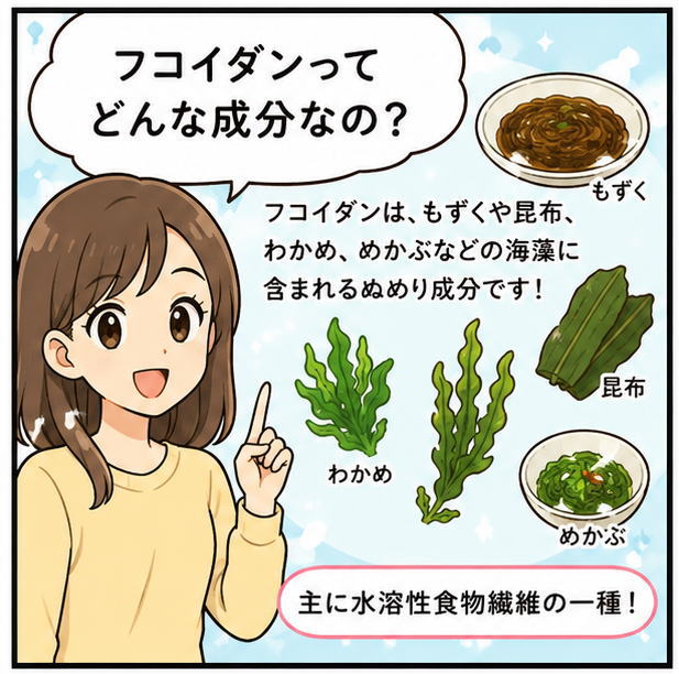 フコイダンってどんな成分なの?と質問する女性のイラスト