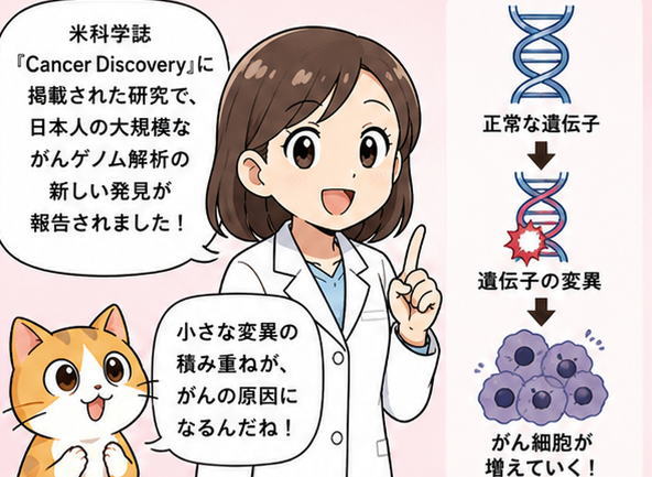 アメリカの科学誌「Cancer Discovery」に掲載された、日本人の大規模なゲノム解析の新しい発見が報告されました！と説明する白衣を着た女性のイラスト