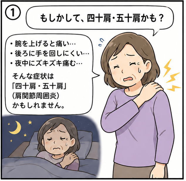 もしかして、四十肩・五十肩かも?と言いながら、肩に手をまわす五十歳くらいの女性のイラスト