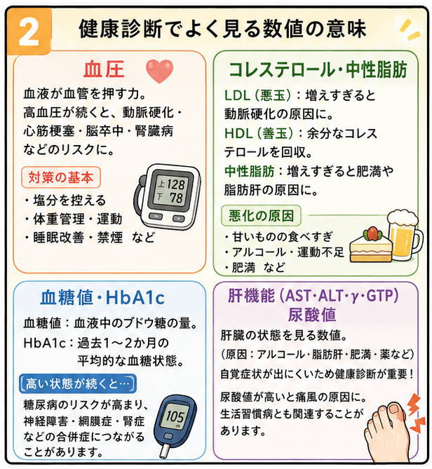 健康診断でよく見る数値の意味、の説明で「血圧」「コレステロール・中性脂肪」「血糖値・HbA1c」「肝機能（AST・ALT・γGTP）・尿酸値の説明のイラスト
