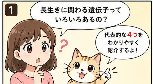 長生きにかかわる遺伝子っていろいろあるの？と質問する女の子と代表的なものをわかりやすく紹介するね、と答える猫のイラスト