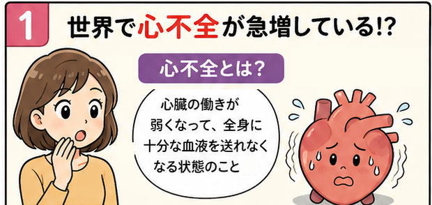 世界中で心不全が増加しえいるとの説明で、心不全について解説しているイラスト