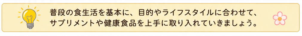 普段の食生活を基本に、目的やライフスタイルに合わせて、サプリメントや健康食品を上手に取り入れていきましょう、と書いたイラスト