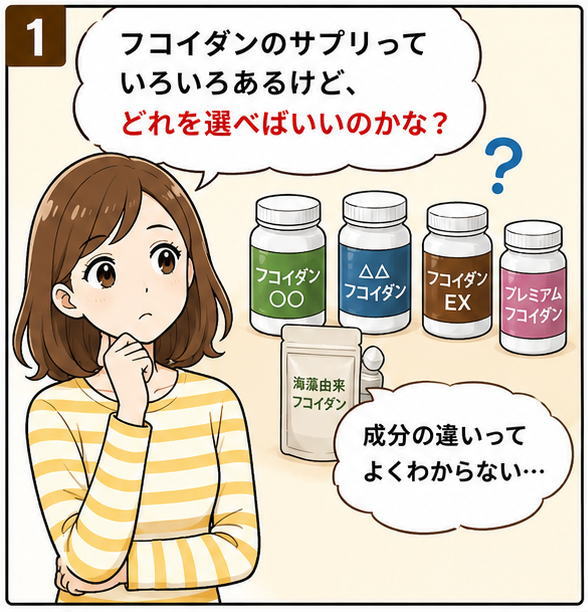 「フコイダンのサプリっていろいろあるけど、どれを選べばいいのかな？」「成分の違いってよくわからない…」とつぶやく40代の女性