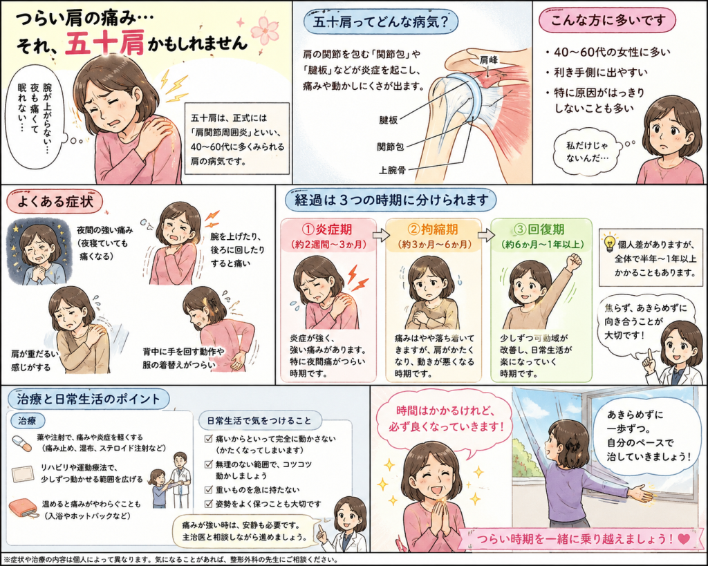 五十肩についての解説漫画。よくある症状、経過について、治療と日常生活のポイント、つらい時期を一緒に乗り越えましょう、と書いてあるイラスト