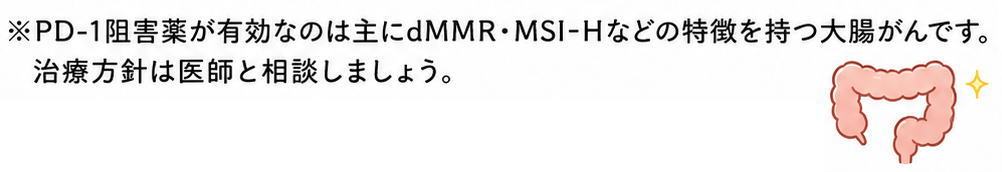 PD-1阻害薬が有効なのは主にdMMR・MSI-Hなどの特徴を持つ大腸がんです。治療方針は医師と相談しましょう、という文字と大腸のイラスト