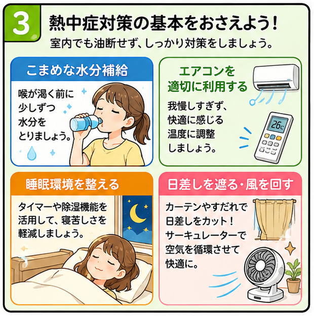 熱中症対策の基本をおさえよう！室内でも油断せず、しっかり対策をしましょう、というタイトルと、こまめな水分補給、エアコンを適切に利用する、睡眠環境を整える、日差しを遮る・風を回す、と書かれたイラスト