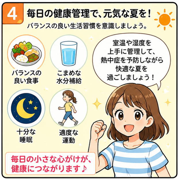 毎日の健康管理で、元気な夏を！バランスの良い生活習慣を意識しましょう。というタイトルと、「室温や湿度を上手に管理して、熱中症を予防しながら快適な夏を過ごしましょう」と話す女性のイラスト