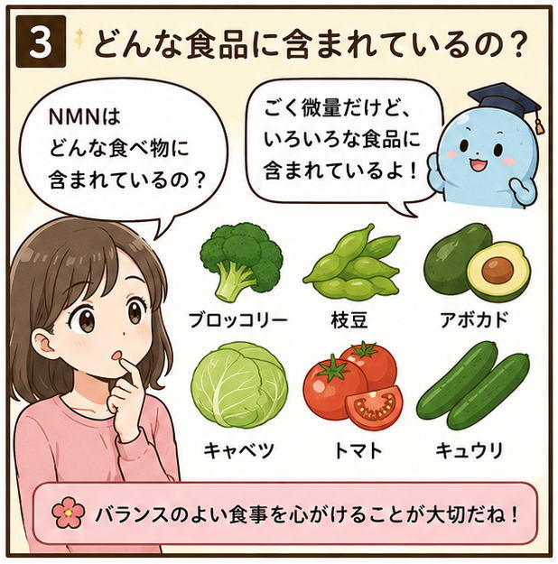 どんな食品に含まれているの？というタイトルと「ごく微量だけど、いろいろな食品に含まれているよ」と解説するキャラクターとブロッコリー、枝豆、アボカド、キャベツ、トマト、キュウリのイラスト
