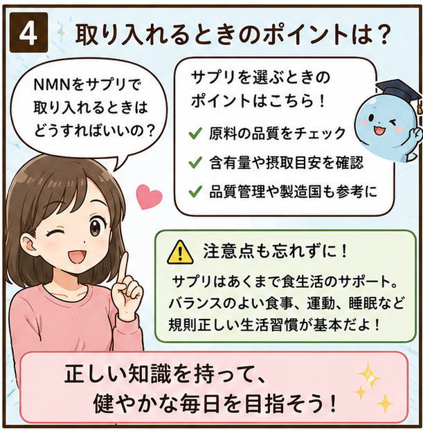取り入れるときのポイントは？というタイトルと「サプリを選ぶ時のポイントは、原料の品質をチェック、含有量や節酒目安を確認、品質管理や製造国も参考に」と解説するキャラクター