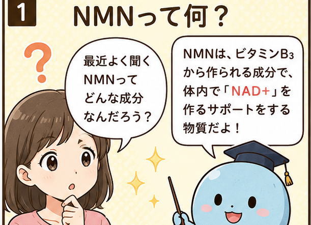 最近よく聞くNMNってどんな成分？と尋ねる女性と、NMNについて解説する水色のキャラクターのイラスト
