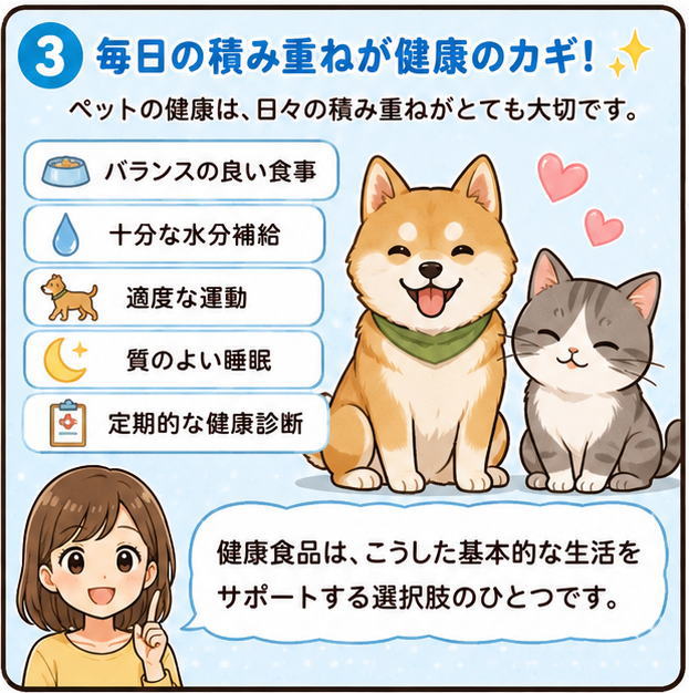 毎日の積み重ねが健康のカギ！というタイトルと、バランスの良い食事、十分な水分補給、適度な運動、質の良い睡眠、定期的な健康診断、という文字と、「健康食品は、こうした基本的な生活をサポートする選択肢のひとつです」と話す徐冷のイラスト