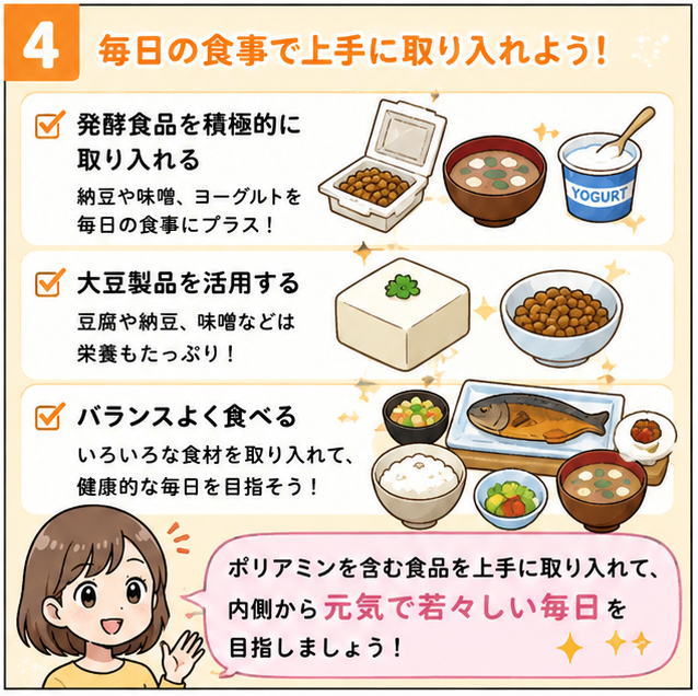 毎日の食事で上手に取り入れよう!という文字と、「発酵食品を積極的に取り入れる」「大豆製品を活用する」「バランスよく食べる」ポリミアンを含む食品を上手に取り入れて、内側から元気で若々しい毎日を目指しましょう、と書かれたイラスト