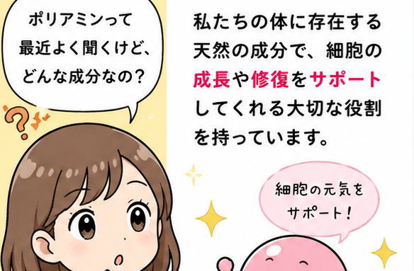 ポリミアンってよく聞くけど、どういう成分なの？と聞く女性と、「私たちの体に存在する天然の成分で、細胞の成長や修復をサポートしてくれる大切な役割を持っています、と解説しているキャラクター