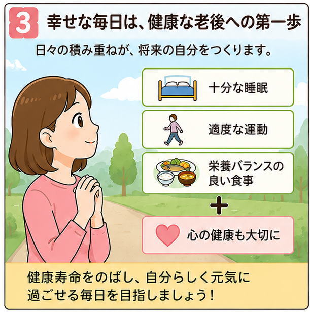 幸せな毎日は、健康な老後への第一歩、日々の積み重ねが、将来の自分を作ります。というタイトルと、「十分な睡眠」「適度な運動」「栄養バランスの良い食事」＋心の健康も大切に。という文字と女性のイラスト