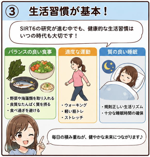 生活習慣が基本！というタイトルと、SIRT6の研究が進む中でも、健康的な生活習慣はいつの時代も大切です。と書かれた文字。「バランスの良い食事」「適度な運動」「質の良い睡眠」の解説とイラスト