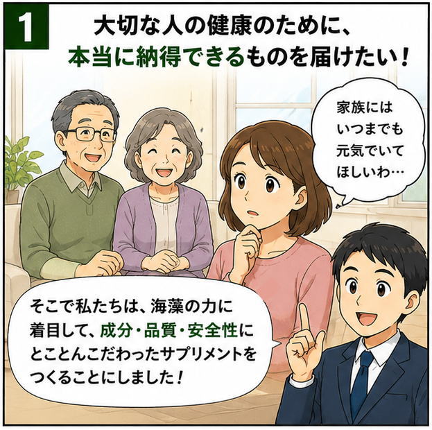 大切な人の健康のために、本当に納得できるものを届けたい！という文字と「家族にはいつまでも元気でいてほしいわ」と考える女性と「そこで私たちは、海藻の力に着目して、成分・品質・安全性にとことんこだわったサプリメントを作ることにしました！」と解説する男性のイラスト