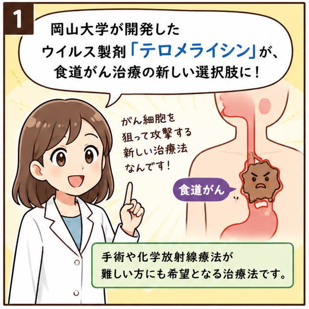 岡山大学が開発したウイルス製剤「テロメライシン」が食道がん治療の新しい選択肢に。がん細胞を狙って攻撃する新しい治療法なんです。手術や化学放射線療法が難しい方にも希望となる治療法です、と解説する白衣をきた女性のイラスト
