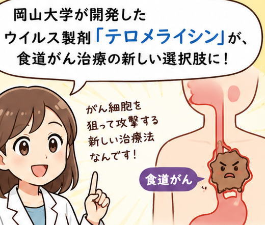 岡山大学が開発したウイルス製剤「テロメライシン」が、食道がんの治療の新しい選択肢に！と話す白衣を着た女性のイラスト
