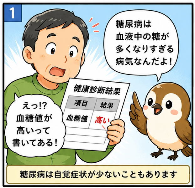 えっ!?血糖値が高いって書いてある、と驚く中年男性と、糖尿病は血液中の糖が多くなりすぎる病気なんだよ!とアドバイスするすずめのキャラクター
