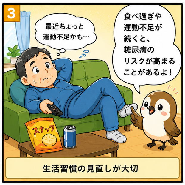 最近ちょっと運動不足かも…とつぶやく男性と「食べ過ぎや運動不足が続くと、糖尿病のリスクが高まることがあるよ!」と話すすずめのイラスト