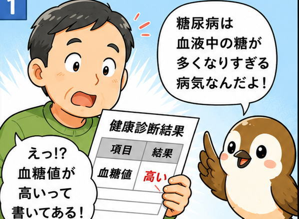 糖尿病は血液中の糖が多くなりすぎる病気なんだよと話すすずめのキャラクターと、健診結果を見て心配になる男性のイラスト