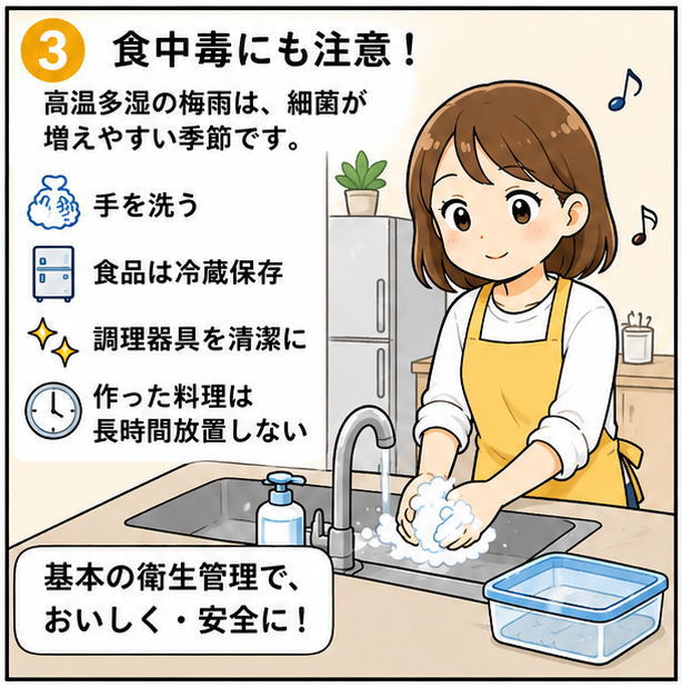 食中毒にも注意！高温多湿は、細菌が増えやすい季節です。手を洗う、食賓は冷蔵保存、調理器具を清潔に、使った料理は長時間放置しない、基本の衛生管理で、おいしく・安全にと書かれたイラスト
