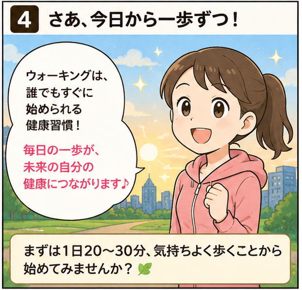 さあ、今日から一歩ずつ！というタイトルと、「ウォーキングは、誰でもすぐに始められる健康習慣！毎日の一歩が未来の自分の健康につながります♪」と話す女性のイラスト