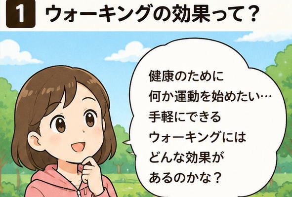 ウォーキングの効果って？というタイトルと、健康のために何か運動を始めたい…手軽にできるウォーキングにはどんな効果があるのかな？とつぶやく女性のイラスト