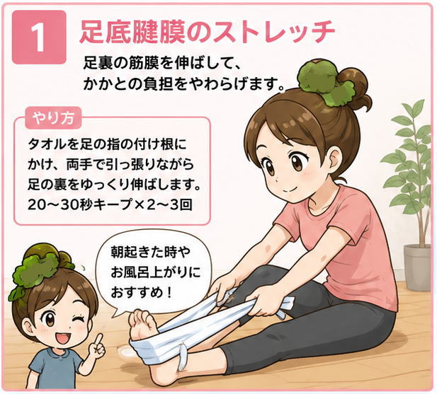 足底腱膜のストレッチというタイトルと、足裏の筋膜を伸ばして、かかとの負担をやわらげます。やり方は、タオルを足のつけ根にかけ、両手で引っ張りながら足の裏をゆっくり伸ばします。20～30秒キープ×２～３回と書いた文字と女性がストレッチをしているイラスト
