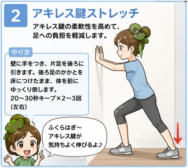 アキレス腱ストレッチというタイトルと、アキレス腱の柔軟性を高めて、足への負担を軽減します。という文字と「ふくらはぎ～アキレス腱が気持ちよく伸びるよ」と話すポニーテールの女性のイラスト