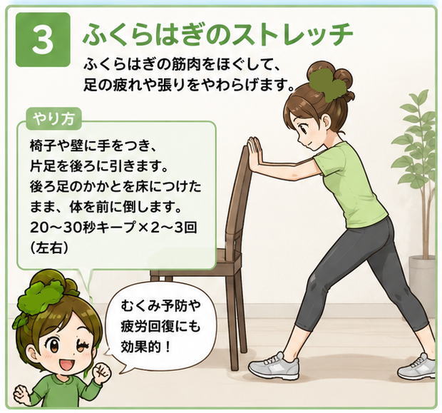 ふくらはぎのストレッチというタイトルと、椅子や壁に手をつき、片足を後ろに引きます。後ろ足のかかとを床につけたまま、体を前に倒します。20～30秒キープ×2～3回（左右）、むくみ予防や疲労回復にも効果的、という話す女の子のイラスト