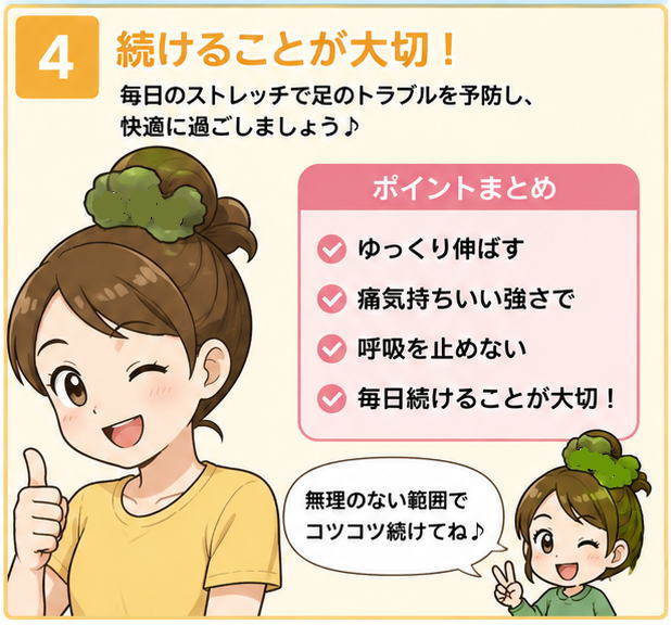 続けることが大切！というタイトルと、ポイントは①ゆっくり伸ばす②いた気持ちいい強さで③呼吸を止めない④毎日続けることが大切。という文字と、「無理のない範囲でコツコツ続けてね」と話す女性のイラスト