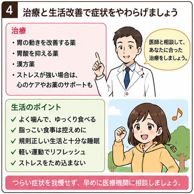 治療と生活改善で症状をやわらげましょうというタイトルと、治療「胃の動きを改善する薬」「胃酸を抑える薬」「漢方薬」「ストレスが強い場合は、心のケアやお薬のサポートも」という医師の解説と、生活のポイントとして「よく噛んで、ゆっくり食べる」「脂っこい食事は控えめに」「規則正しい生活と十分な睡眠」「軽い運動でリフレッシュ」「ストレスをため込まない」と話しながら運動する女性のイラスト