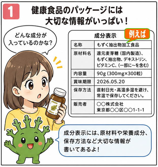 健康食品のパッケージには大切な情報がいっぱい！というタイトルと、「どんな成分が入っているのかな？」とつぶやく女性と、「成分表示には、原材料や栄養成分、保存方法など大切な情報が書いてあるよ」と話すもずくの妖精もずちのイラスト
