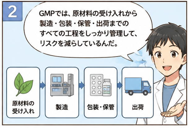 GMPでは、原材料の受け入れから製造・包装・保管・出荷までのすべての工程をしっかり管理して、リスクを減らしているんだ、と話す男性のイラスト