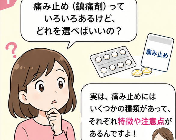 「痛み止め（鎮痛剤）っていろいろあるけど、どれを選べばいいの？」と尋ねる女性と、「実は、痛み止めにはいくつか種類があってそれぞれの特徴や注意点があるんですよ」と答える女性のイラスト