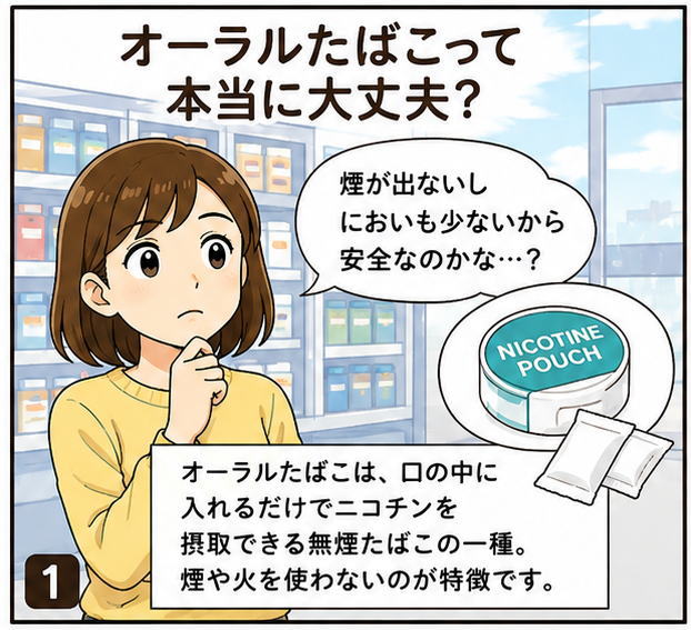 オーラルたばこって本当に大丈夫？というタイトルと、「煙も出ないしにおいも少ないから安全なのかな？」とつぶやく女性と、「オーラルたばこは、口の中に入れるだけでニコチンを摂取できる無煙たばこの一種。煙や火を使わないのが特徴です、という解説のイラスト