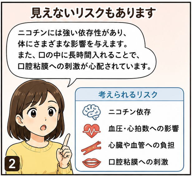 見えないリスクもあります、というタイトルと、「ニコチンには強い依存性があり、体にさまざまな影響を与えます。また、口の中に長時間入れることで、口腔粘膜への刺激が心配されています」と話す女性のイラスト