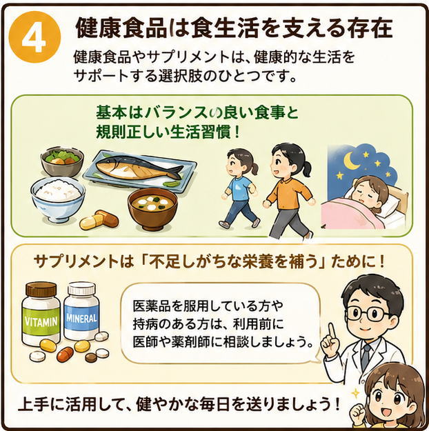 健康食品は食生活を支える存在というタイトルと、基本はバランスの良い食事と規則正しい生活習慣！サプリメントは「不足しがちな栄養を補うために！と話す男性のイラスト