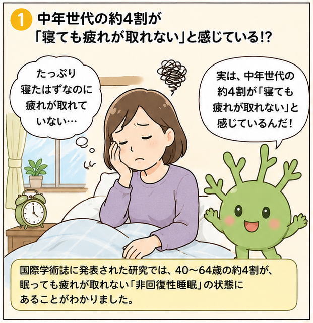 中年世代の約4割が「寝ても疲れが取れない」と感じている！？という文字と、国際学術誌に発表された「非回復睡眠：の情愛にあることがわかりました。