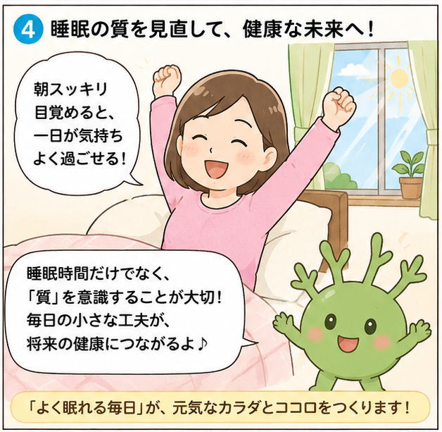 睡眠の質を見直して、健康な未来へ！というタイトルと、「朝スッキリ目覚めると、いちいちが気持ちよく過ごせる」と話す女性と「睡眠時間だけでなく、「質」を意識することが大切！」と話すもずちのイラスト